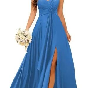 Blue Ruched Plunge Maxi Dress